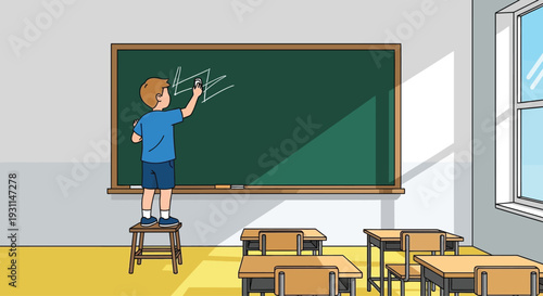 Young Teacher Writing on Blackboard in Classroom.