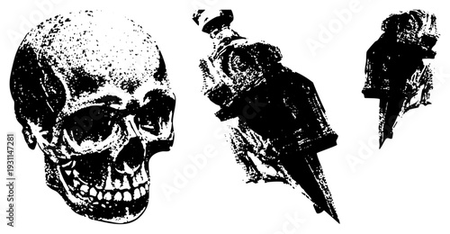 Graphic trio featuring skull, dagger, and shadowy figure in gritty halftone style, horror, gothic illustration, vector art.