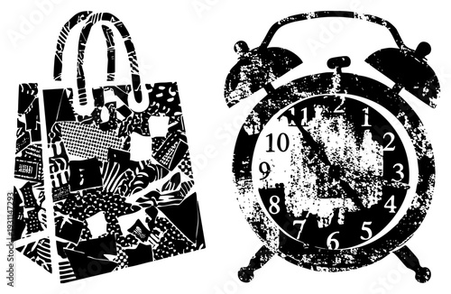 Retro alarm clock with distressed texture, shopping bag filled with graphic, vector art, black and white, isolated design elements.