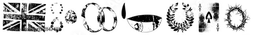 Distressed black and white UK flag, circular, laurel wreath, crown of, playing card spade, stylized droplet and bowl. Graphic design elements with worn texture.