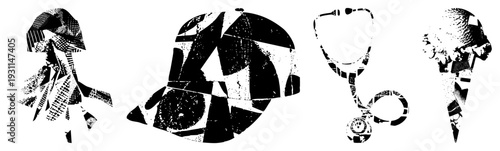 Black and white halftone portraits of historical and medical, fragmented shapes, graphic art, isolated figures, stylized representation.