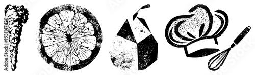 Hand drawn culinary including carrot, citrus section, geometric milk carton, chef’s hat, and whisk, rendered in halftone texture with bold and distressed grain effect.