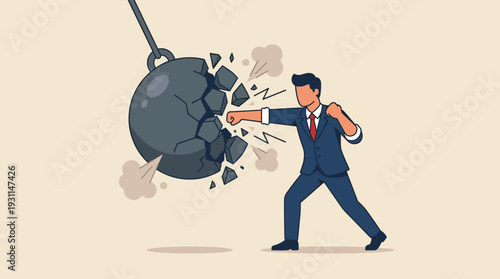 Businessman Punching and Breaking a Huge Wrecking Ball, Symbolizing Crisis Management, Problem Solving, Resilience, and Overcoming Obstacles with Strength and Determination Vector Illustration