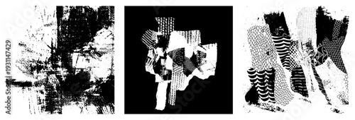 Fragmented abstract shapes with halftone textures, vector graphic, isolated elements, stylized composition, design, modern art motifs, graphic design elements.