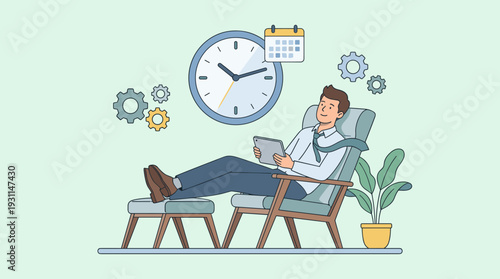 Relaxed Businessman Sitting in Chair with Tablet and Feet Up. Time Management Concept Featuring Large Clock, Calendar, and Gears. Flat Vector Illustration of Productivity and Work-Life Balance.