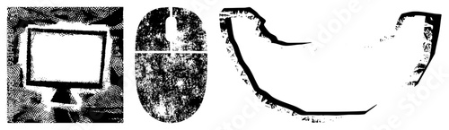 Retro computer rendered in halftone, vintage tech, digital office tools, pixelated, vector graphics, isolated tech elements.