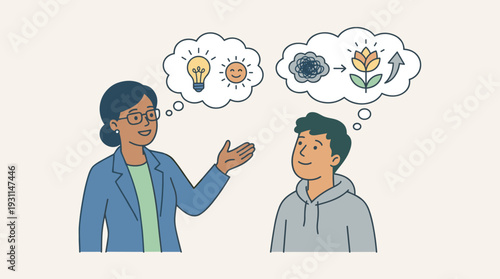Mentor or therapist coaching a young man to change to a positive mindset. Illustration of mental health transformation, personal growth, and motivation with thought bubbles and symbols.