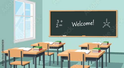 Classroom with Chalkboard and Desks.