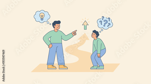Professional Coaching and Mentoring Concept with Mentor Guiding a Confused Student Towards a Solution and Career Growth, Flat Vector Illustration of Tutor Helping Mentee Find Clarity and Success