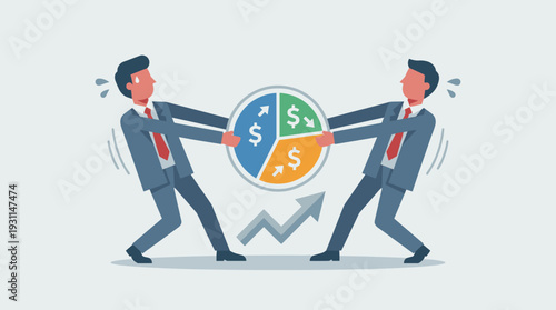 Two Businessmen in Suits Competing for a Larger Share of a Pie Chart with Dollar Signs, Representing Market Share Competition, Financial Profit Struggle, Economic Growth, and Business Strategy
