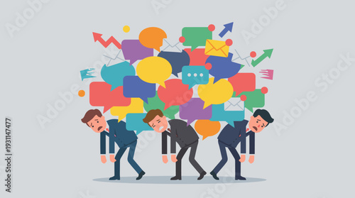 Businessmen Overwhelmed by Communication Overload Carrying Heavy Pile of Speech Bubbles and Email Icons, Representing Information Fatigue, Digital Stress, and Workplace Burnout Illustration.