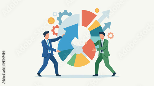 Two businessmen in suits competing for market share holding a large colorful pie chart with gears and arrows, representing financial growth, economic success, corporate strategy, and profit.
