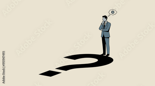 Conceptual Illustration of a Businessman in a Suit Standing and Thinking Deeply About a Complex Problem with a Large Question Mark Shadow, Symbolizing Uncertainty, Doubt, and Decision Making.