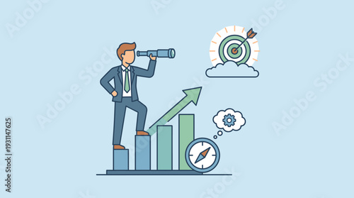 Businessman standing on growing bar chart looking through telescope at target goal on cloud, symbolizing business vision, strategic planning, mission achievement, career growth and success.