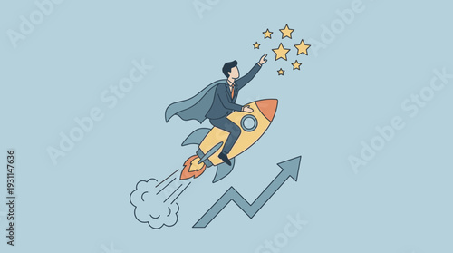 Successful businessman in a cape riding a rocket ship towards the stars, reaching for goals and achievement, business growth concept with upward arrow graph, leadership and career boost.