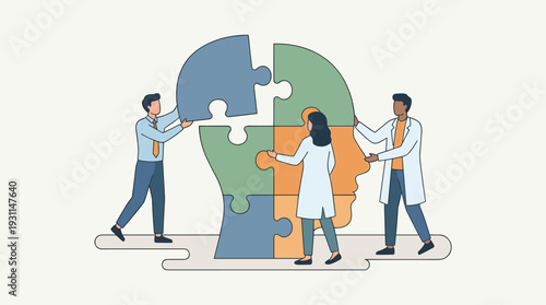 Mental Health Support and Medical Treatment Concept with Psychologists and Doctors Connecting Jigsaw Puzzle Pieces to Form a Human Head for Therapy, Psychology, and Brain Wellness Illustration.