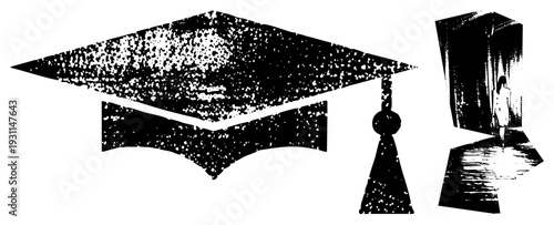 Academic cap with tassel, student figure walking toward open doorway, graduation symbol, educational milestone, black and white halftone illustration.