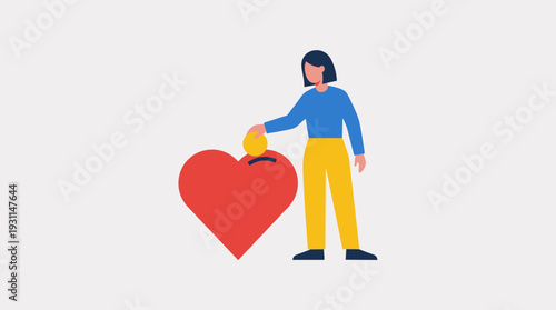 Flat Vector Illustration of a Woman Putting a Coin into a Heart Shape, Symbolizing Charity, Donation, Philanthropy, Financial Aid, Social Support, Kindness, and Generosity for a Good Cause.