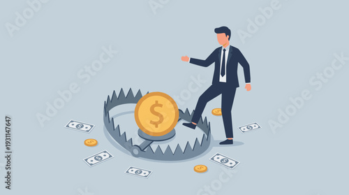 Businessman Stepping into a Bear Trap with a Dollar Coin, Financial Risk and Money Trap Concept, Investment Danger, Greed and Debt Metaphor, Business Pitfall Illustration, Economic Crisis, Risk.