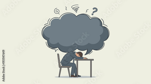Stressed businessman sitting at a desk with head down under a huge heavy dark cloud of thoughts, symbolizing depression, mental health struggle, burnout, and corporate pressure vector illustration.