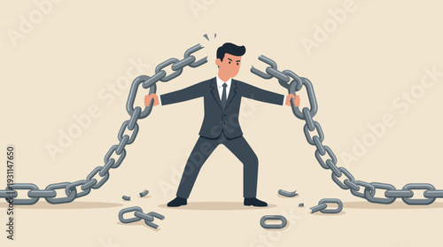 Businessman in Suit Trying to Hold Together a Broken Metal Chain, Concept of Crisis Management, Strength, Resilience, and Repairing Broken Business Connections, Flat Vector Illustration