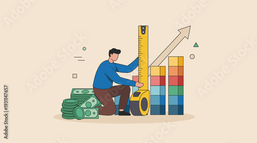 Flat Vector Illustration of a Man Measuring Income and Revenue Growth with a Large Tape Measure Next to Stacks of Money and a Rising Bar Chart, Concept for Financial Success and Business Profit
