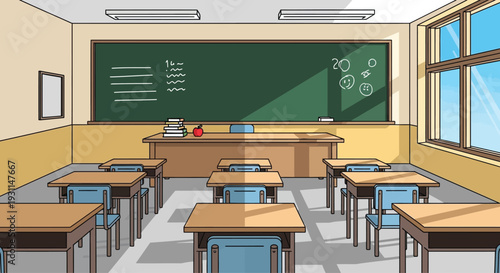 Empty Classroom with Desks and Blackboard.