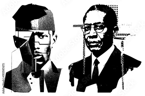 Abstract halftone portraits of two men, graphic busts, fragmented faces, bold black, artistic collage, vector illustration.