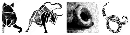 Abstract animal rendered in fragmented geometric shapes, halftone shading, and fills cat, bull, nose, snake ideal for graphic design, branding, or digital art.