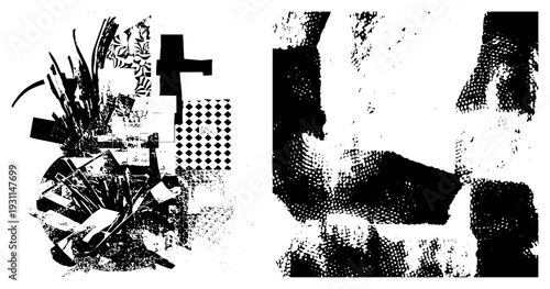 Fragmented graphic composition blending organic shapes with geometric, halftone textures, and bold contrasts, ideal for design experimentation or art installations.