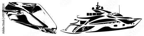 Modern luxury yacht with deck features and speedboat with angular design, both rendered as high contrast vector, ideal for branding or nautical themes.