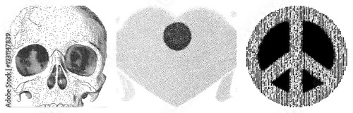 Halftone rendered skull, heart, and peace symbol. Vintage graphic style with stippling texture. Symbolic in vector format.