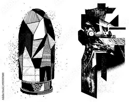 Stylized black and white abstract forms with geometric facets, halftone shading, and ink splatter accents, graphic art pieces, modern minimalist sculptures.