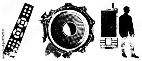 Retro tech devices and human silhouette rendered in distressed black and white, vector graphic, digital nostalgia, tech history, obsolete gadgets.