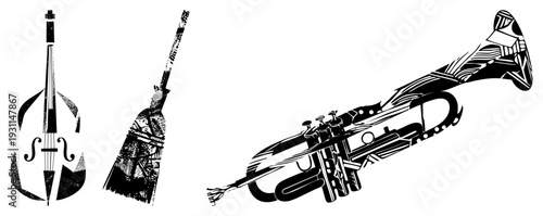Abstract black and white vector illustrations of violin, broom, and trumpet with geometric, artistic work, and halftone textures for creative design projects.