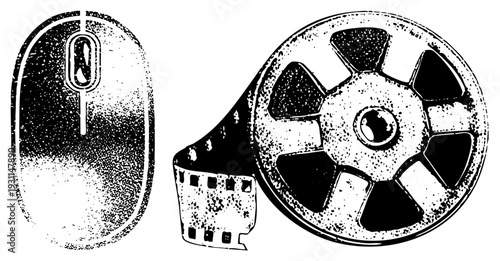 Retro film spool with perforated strip beside computer mouse, digital vs analog tech symbols, classic tools, black and white halftone graphic.