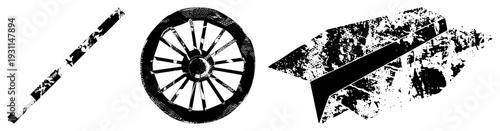 Classic spoked wheel, directional arrow, and elongated rod with distressed texture, minimalist vector design, graphic elements for UI or branding.