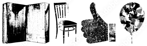 Retro styled book, chair, hand giving thumbs up, balloon with geometric, vector set, graphic design elements.