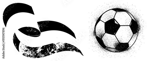 Stylized swirling black abstract forms with distressed texture, paired with classic soccer ball rendered in halftone dot, both isolated on transparent background.
