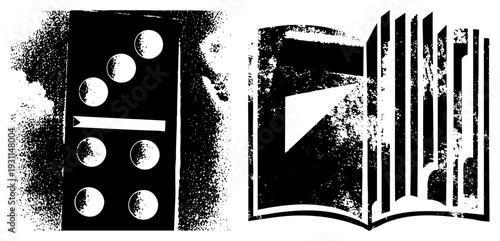 Vintage halftone tile and open book with play button, graphic design elements, distressed texture, retro aesthetic,.