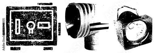 Retro cinema equipment including camera shutter, flash bulb, and projector lens, stylized halftone vector design, isolated graphic elements for film production or design.