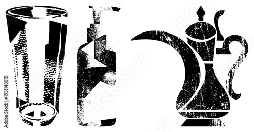 Stylized black and white graphic of three drink containers with distressed texture tumbler, pump bottle, and dallah isolated vector art, halftone effect, design.