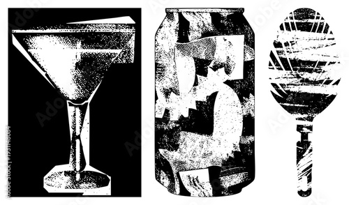 Retro styled halftone illustrations of cocktail glass, soda can, and microphone, rendered in stark black and white, ideal for graphic design or print. Cocktail glass, soda can, microphone silhouette.