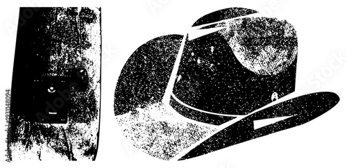 Retro film camera with textured grain beside classic western hat, both rendered in halftone dot style, isolated vector graphic, design.