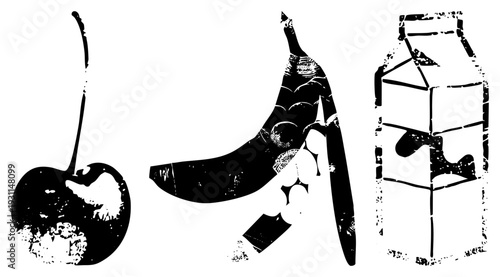 Stylized cherry, banana, and milk carton rendered in halftone dot, vector art, graphic design elements, food illustration.