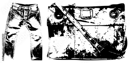 Fashionable ripped jeans and textured clutch bag rendered in high contrast vector style, streetwear accessories, urban chic, graphic illustration, fashion flat design.