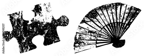 Distressed black puzzle piece and traditional folding fan, vintage texture, graphic vector, isolated elements, artistic design, illustration.