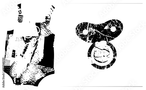Black and white halftone baby pacifier and onesie, distressed stencil art, infant apparel and nipple shield, nursery decor, vector graphic.