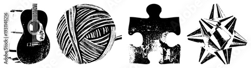 Black and white halftone vector set featuring acoustic guitar, yarn ball, puzzle piece, and star stylized with textured shading and isolated elements for design use.