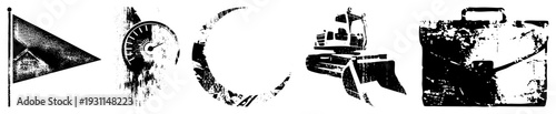 Distressed black and white vector with grunge texture flag, speedometer, moon, bulldozer, briefcase. Retro industrial aesthetic,, isolated elements.